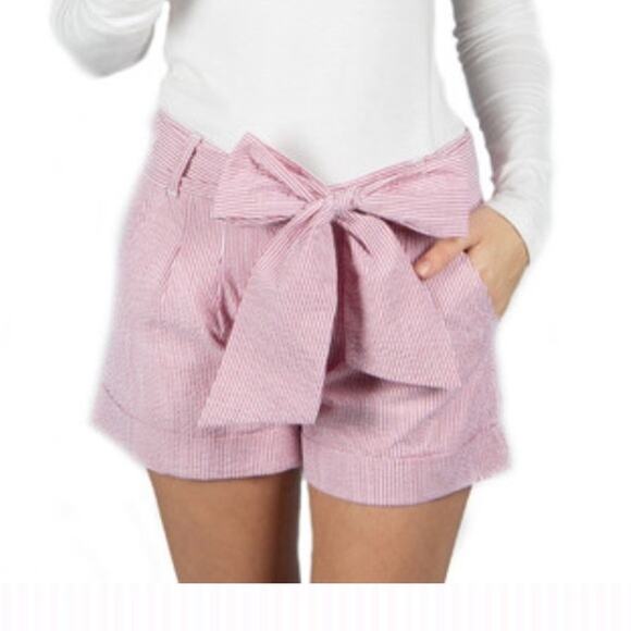 Lauren James NWT Red White Stripe Seersucker Cuffed Belted Bow Shorts - Picture 1 of 9